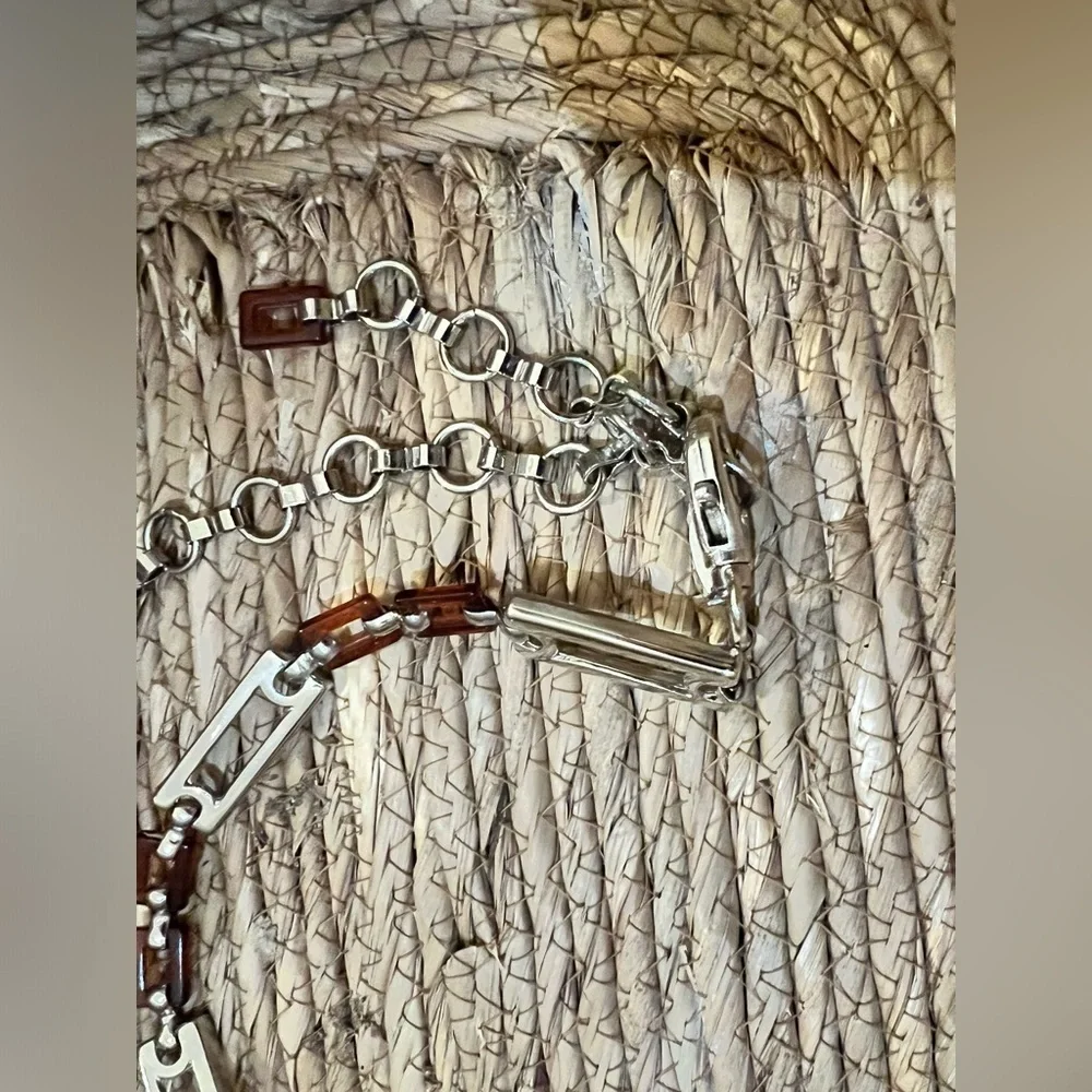 Silver metal links chain hip belt with brown spotted plastic links